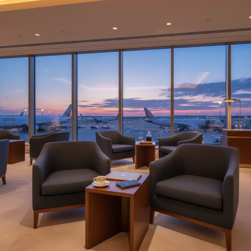 Cheap first class flights to las vegas concept with premium airport lounge and preflight planning scene