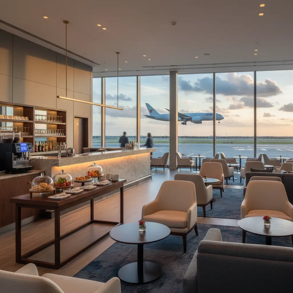 Cheap business class flights to Cancun lounge access image with premium airport seating and runway view