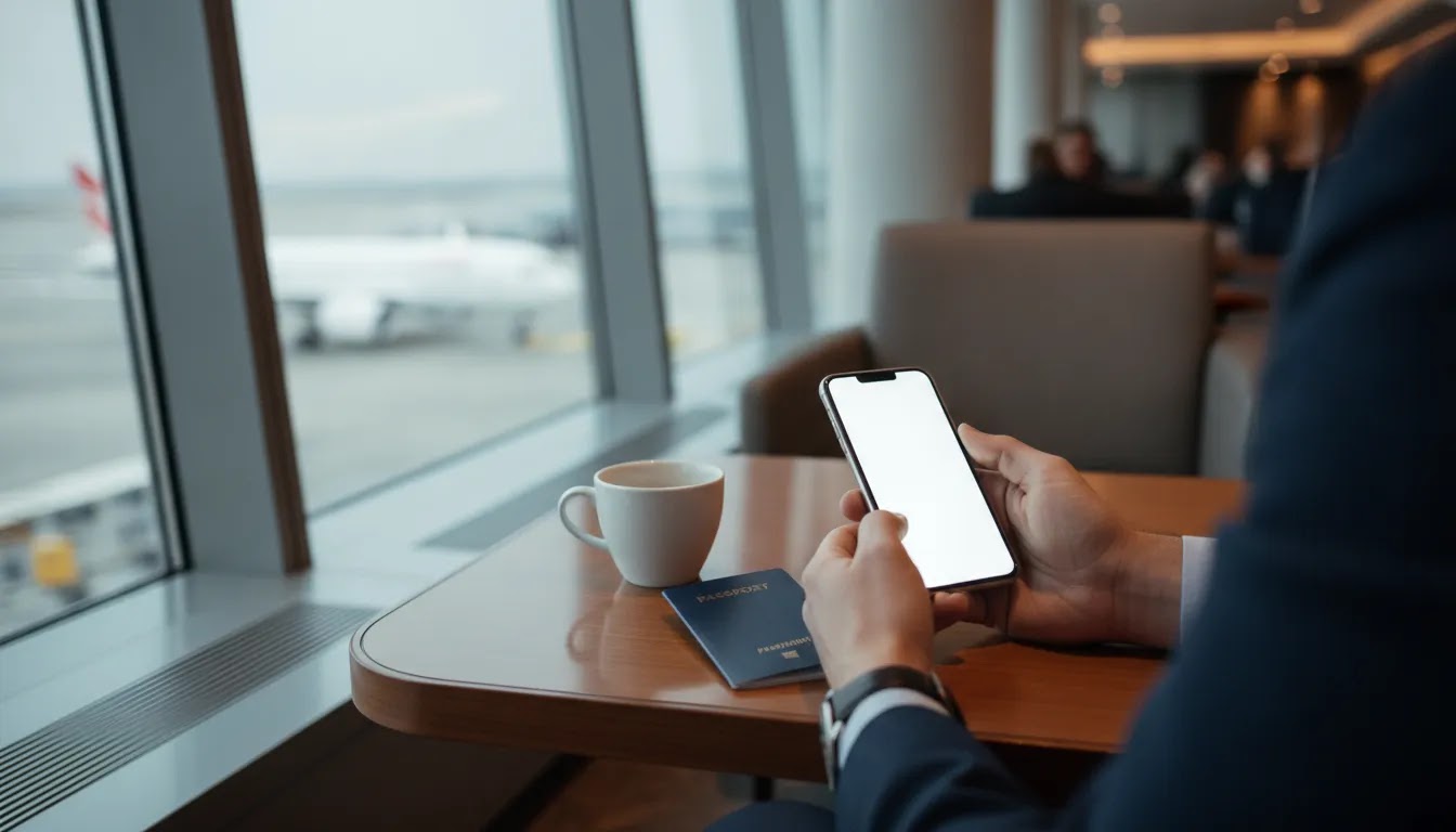 Business class airlines planning image showing a traveler comparing flight options in an airport lounge