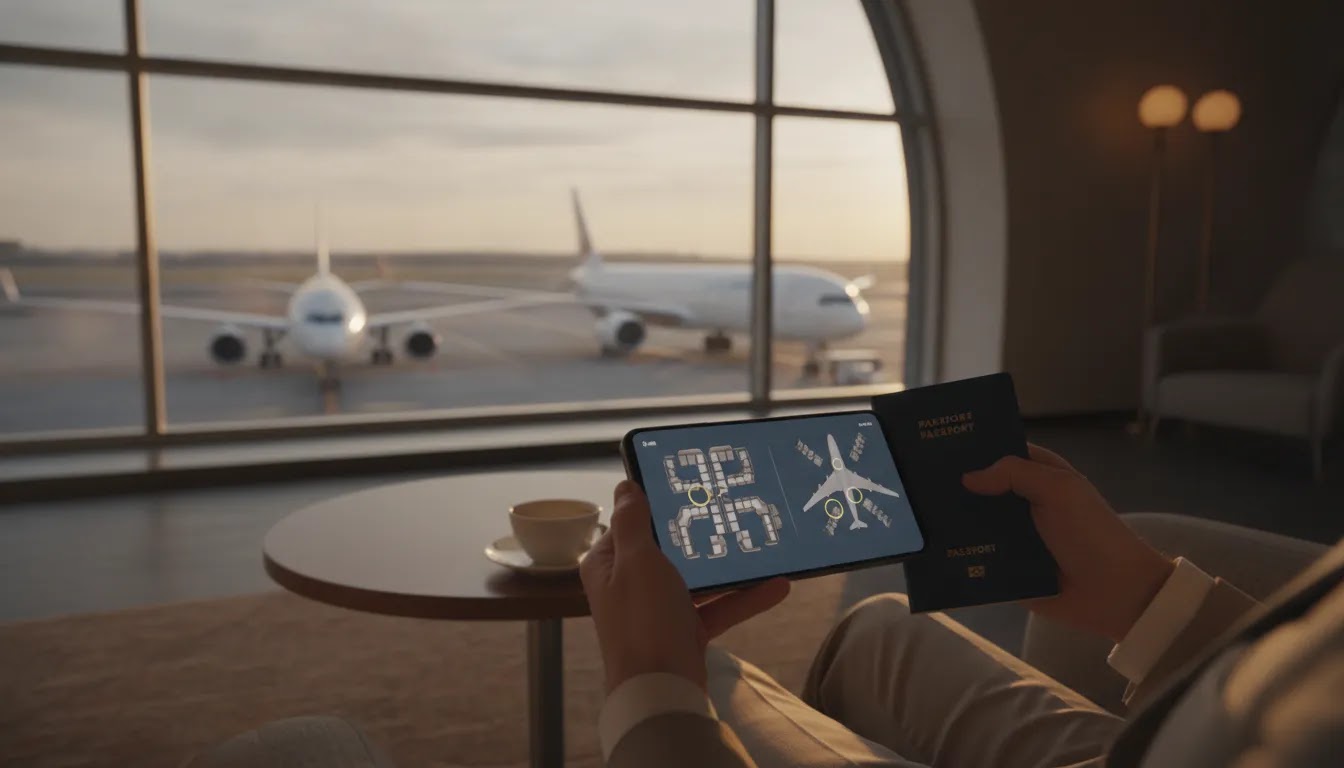 How to judge business class seats before booking with airport lounge planning scene and aircraft view