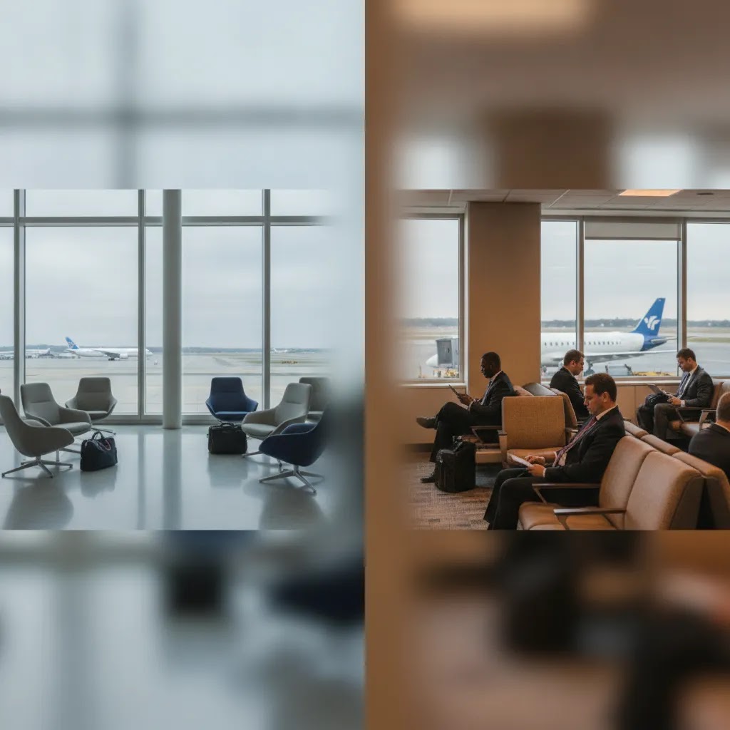 Business class flights from Washington DC comparison of IAD vs DCA with premium airport terminal views
