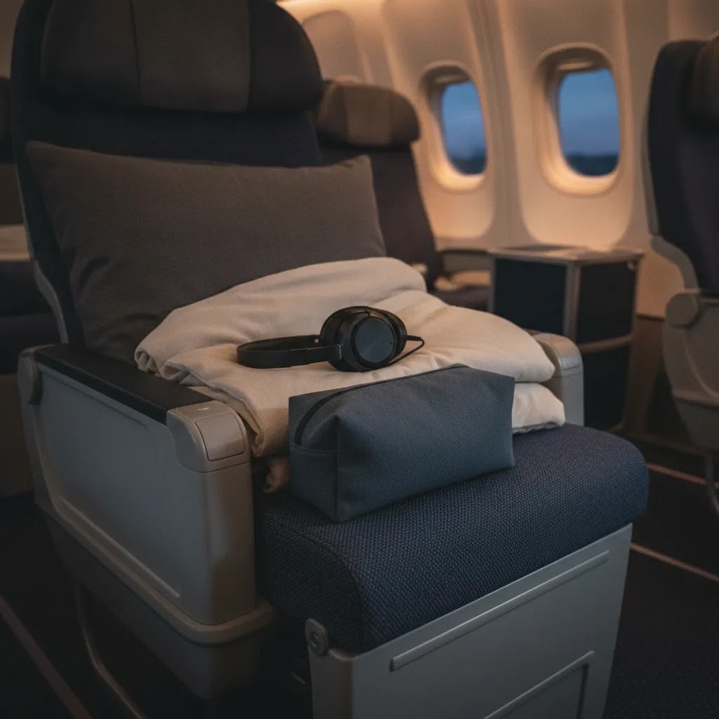 Premium economy flights amenities including pillow blanket headphones and travel kit