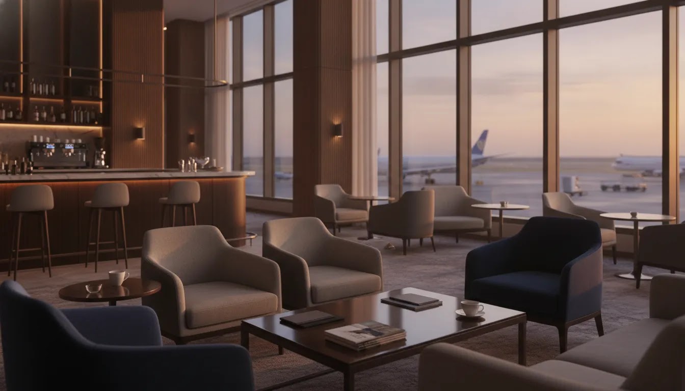 International business class tickets lounge experience with premium airport seating and runway views