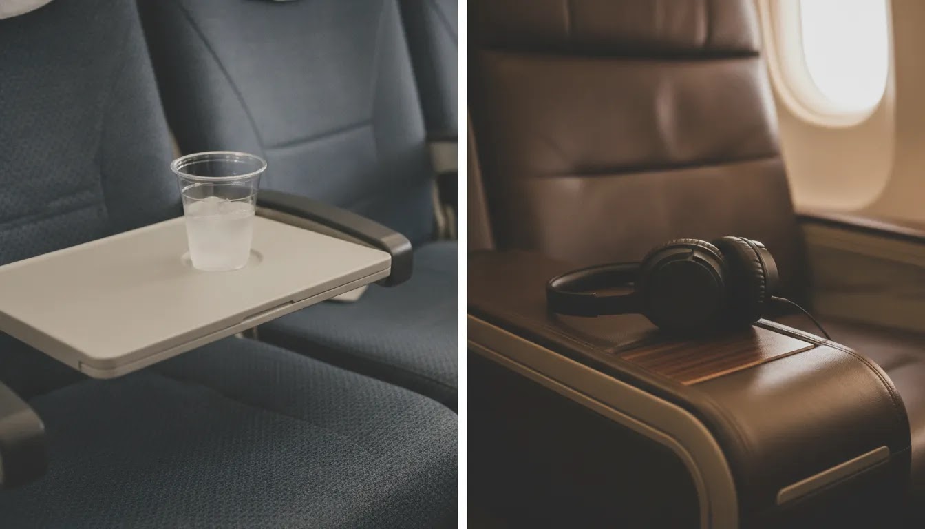 Business class international flight comparison showing premium cabin detail versus standard airline seat