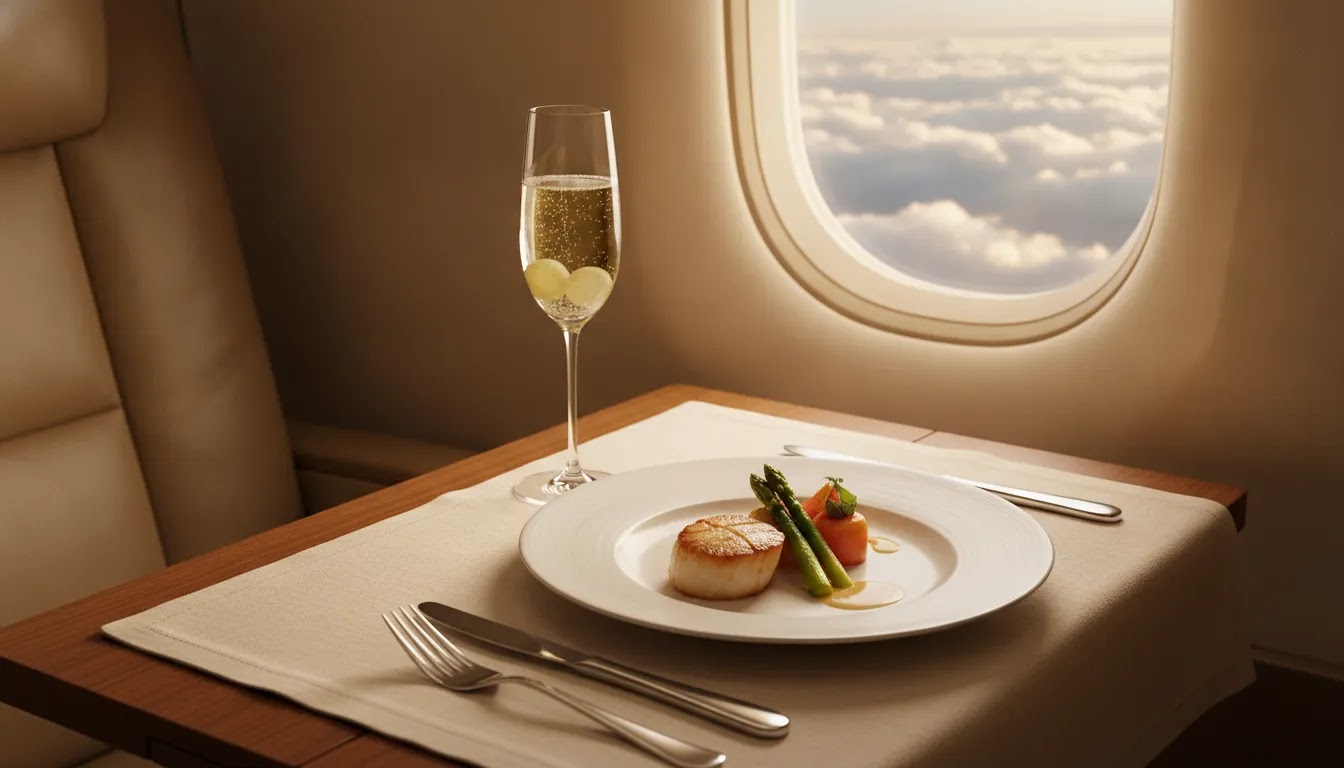 How to fly first class with points shown through a premium in-flight meal and window seat detail