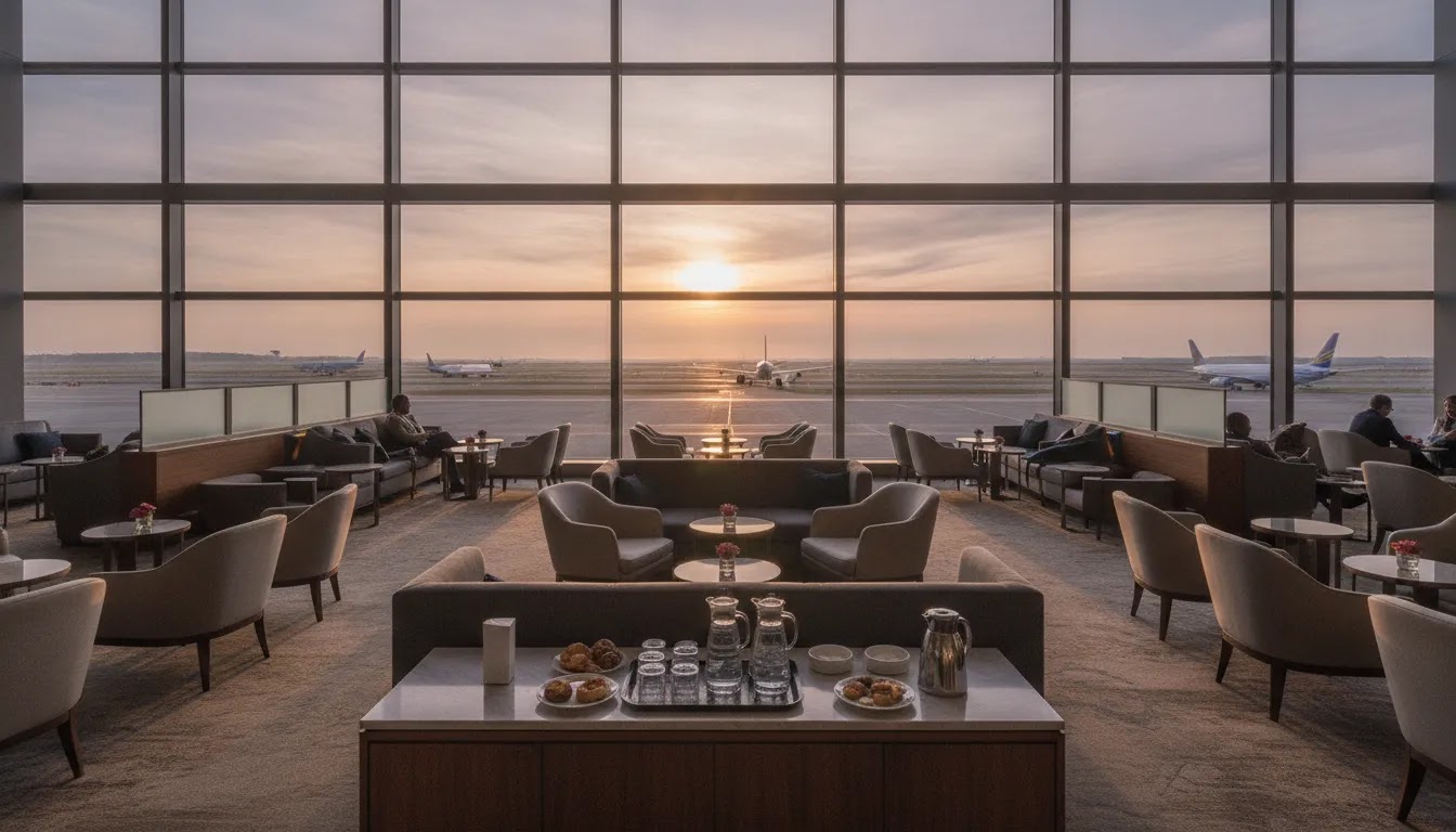 Premium airport lounge representing first class flight ticket price inclusions on international routes
