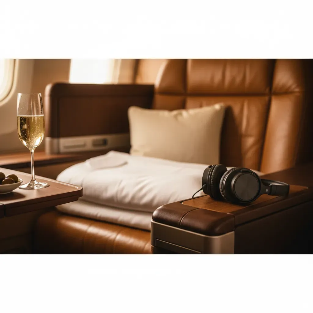First class international price visualized through premium cabin details on a long haul flight