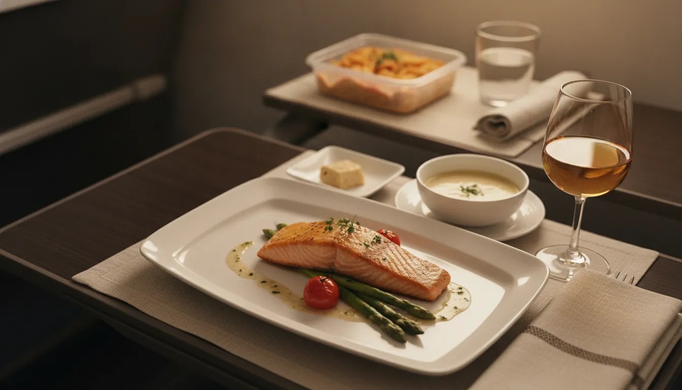 International flight economy vs business class dining and service comparison on board