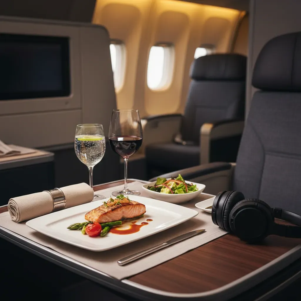 KLM business class to Amsterdam style premium meal and seat detail in a long-haul cabin