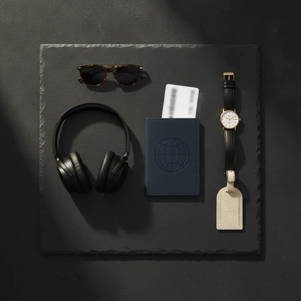 Is flying first class worth it social image with luxury travel essentials flat lay and premium trip planning mood