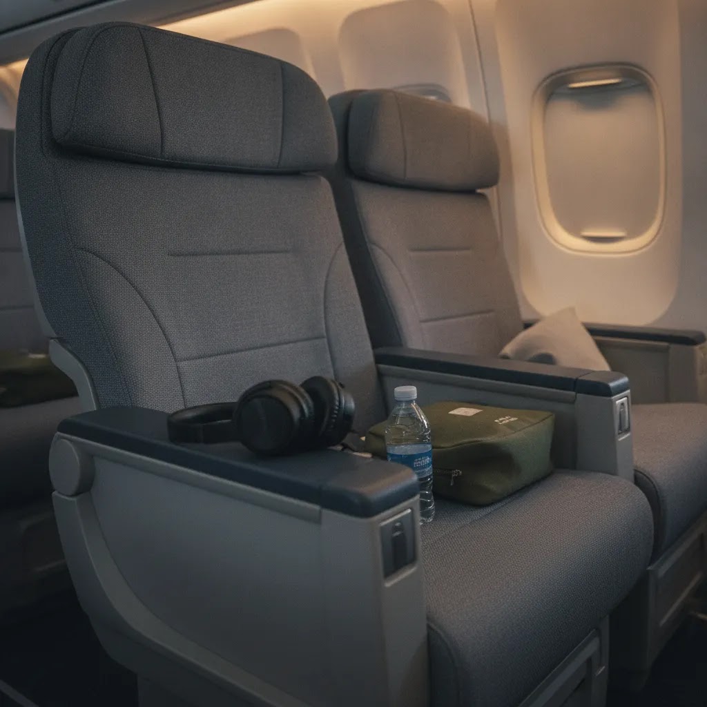 ita airways premium economy seat detail on a long haul aircraft with leg rest amenity kit and upgraded comfort features