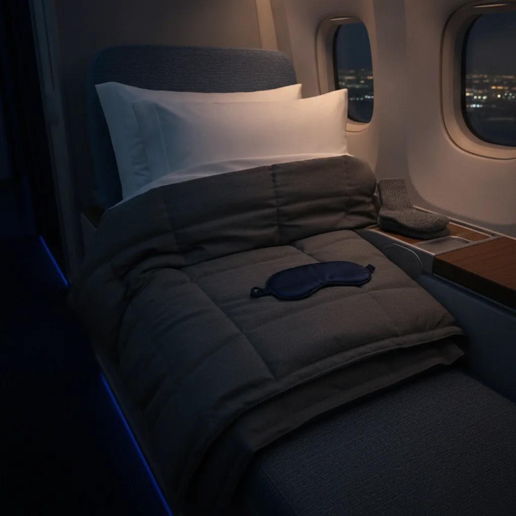 ita airways premium economy overnight comfort image showing pillow duvet and sleep amenities on a reclined seat