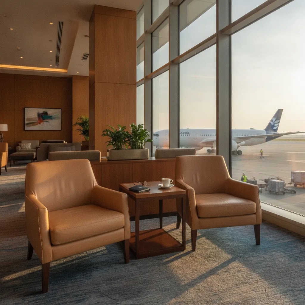 ita airways premium economy ground experience with airport seating and runway view before long haul departure
