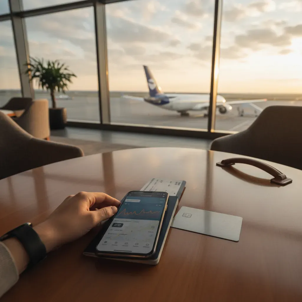 How to get cheap business class to Europe shown through a premium airport lounge booking and travel planning scene
