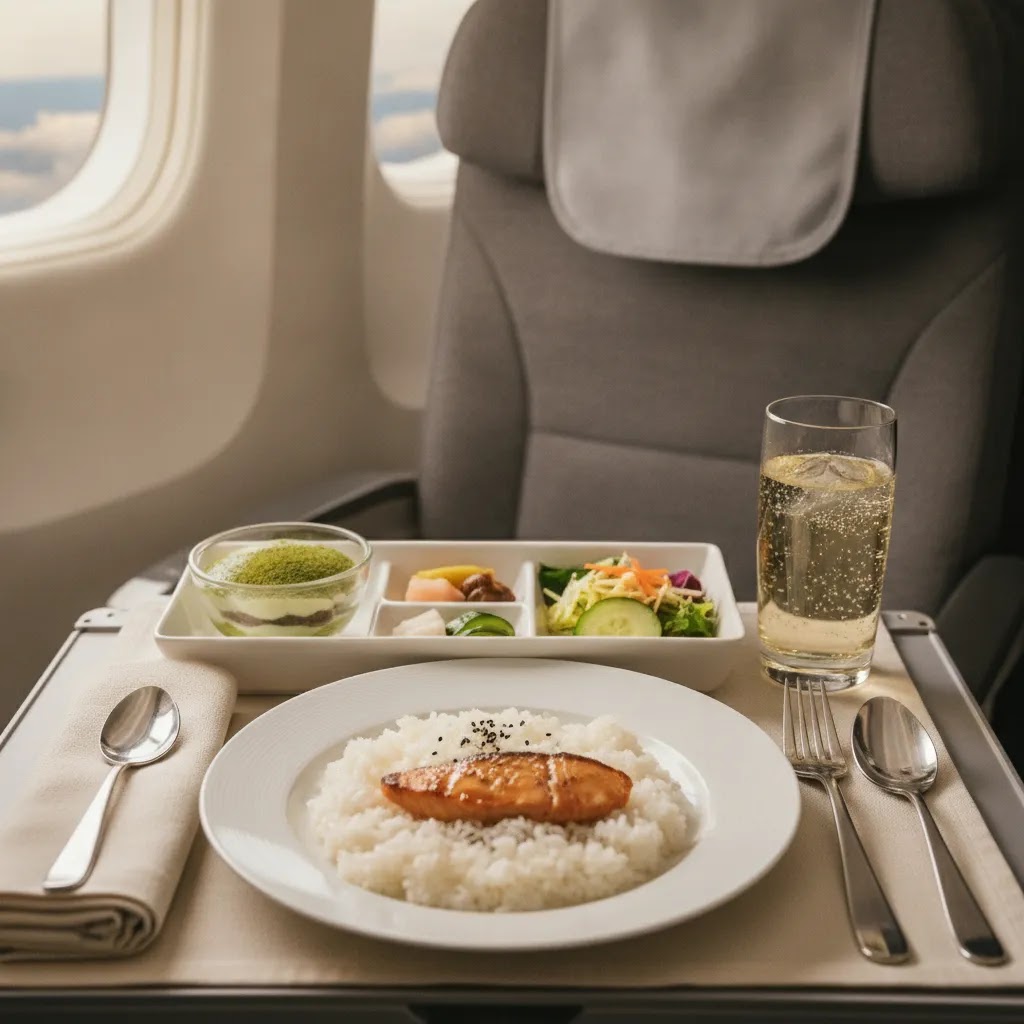 JAL premium economy review image of in-flight meal service on a transpacific premium economy tray table