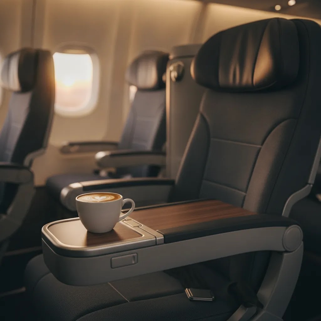 JAL premium economy review image showing Japan Airlines premium economy seats detail with supportive seat materials and wide armrest