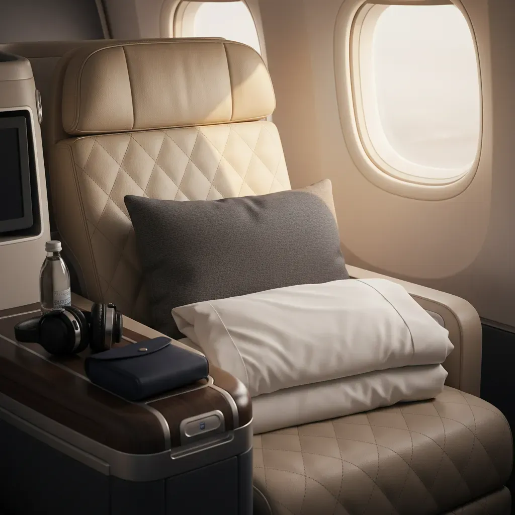 Business class deals evaluated through premium seat materials bedding and comfort details in a realistic cabin crop