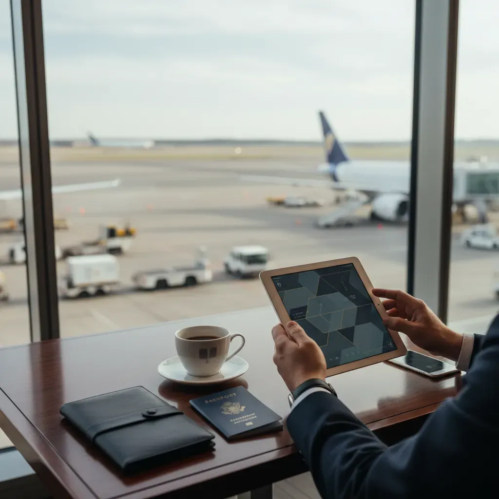 How to get cheap first class image showing route planning in an airport lounge setting