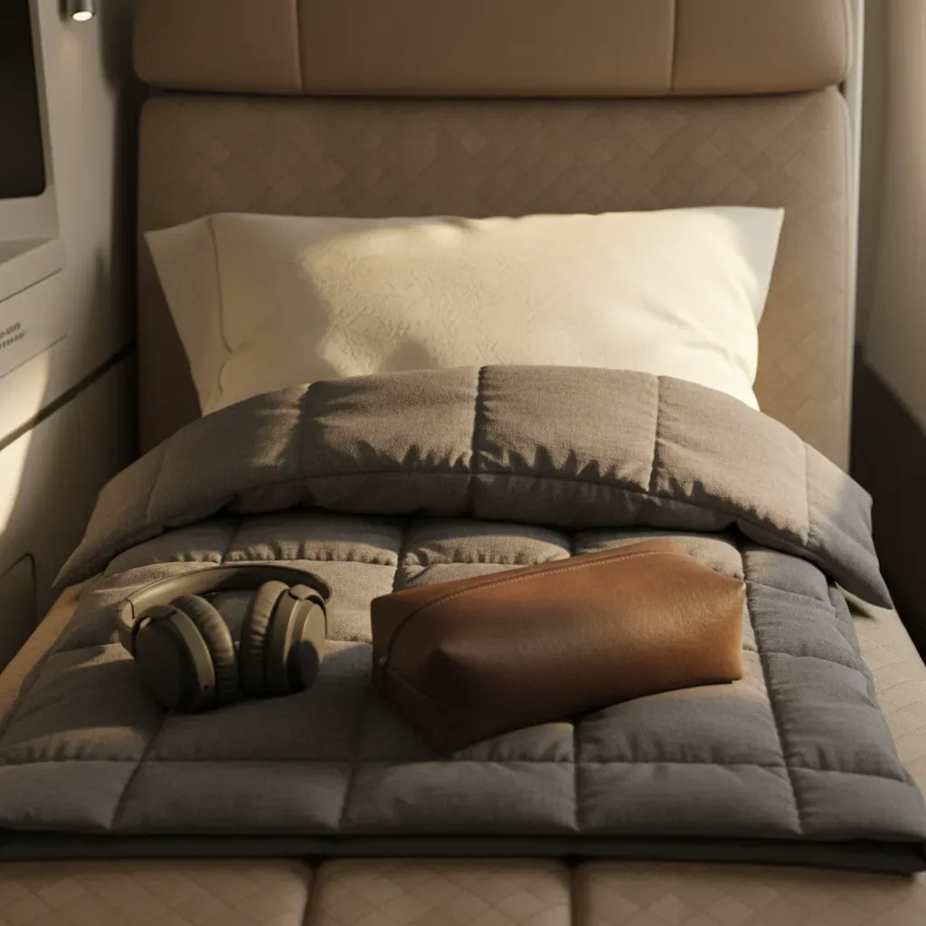 International first class amenities including bedding headphones and premium seat details