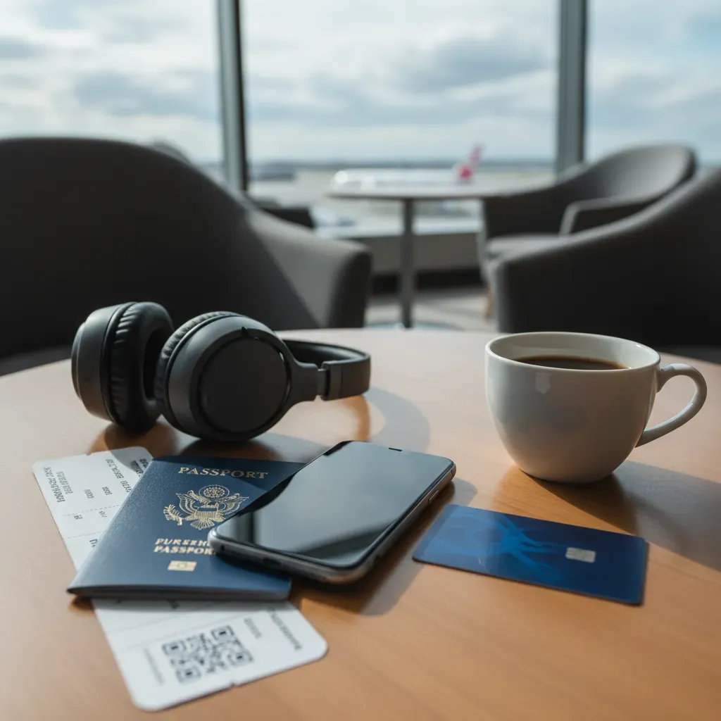 Business class consolidators booking review scene with passport, phone, boarding pass, and travel essentials