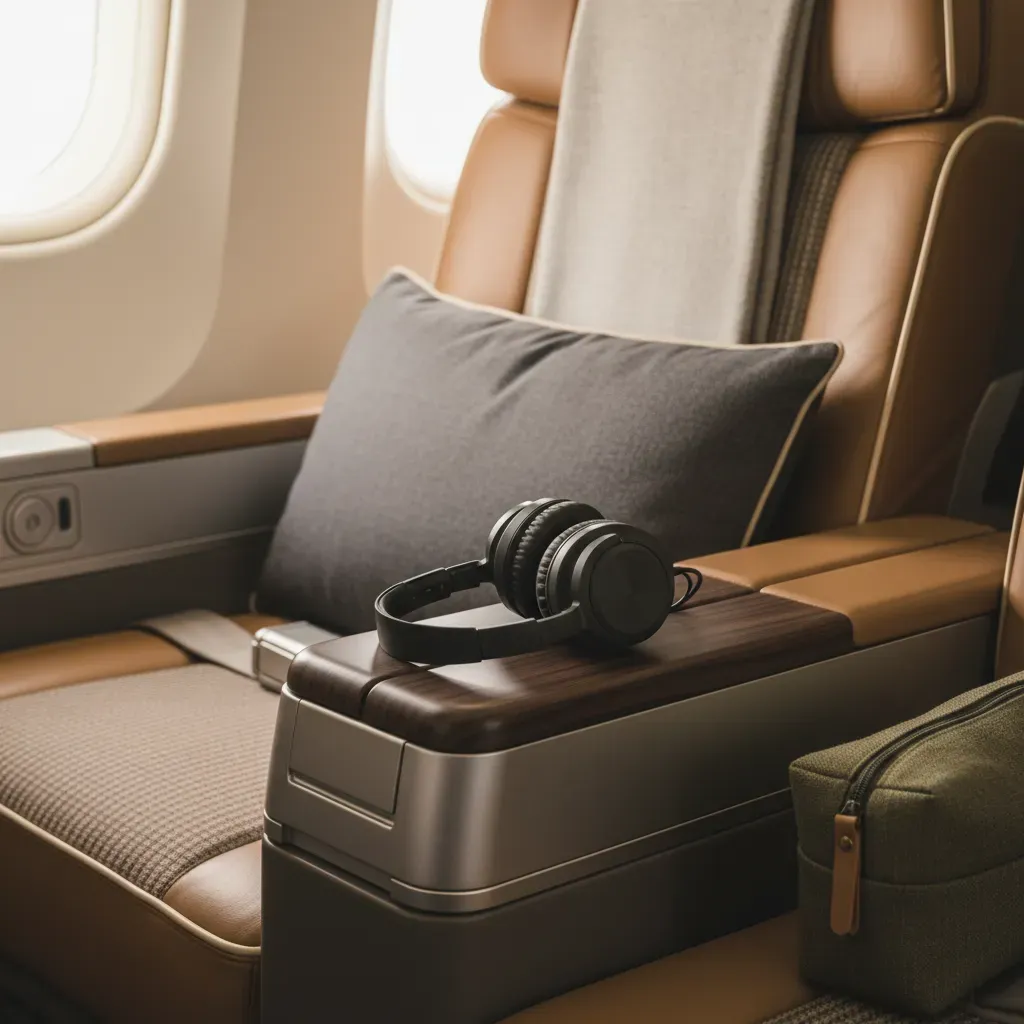 Business class tickets to Asia illustrated with premium seat details, amenity kit, pillow, and headphones