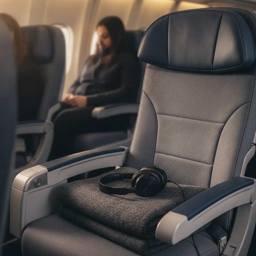 KLM premium economy review image showing premium economy seat comfort details with headrest, blanket, and headphones