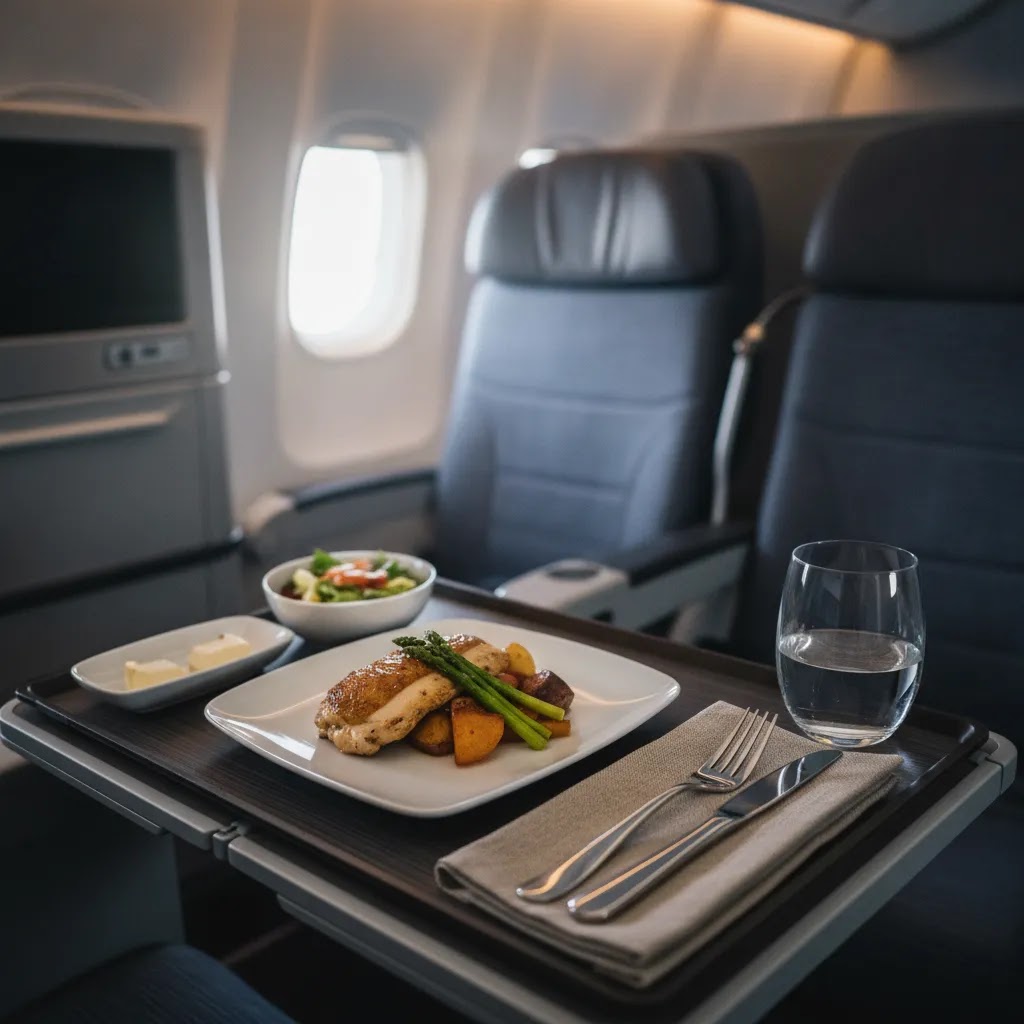 KLM premium economy review showing premium economy meal service and tray table presentation