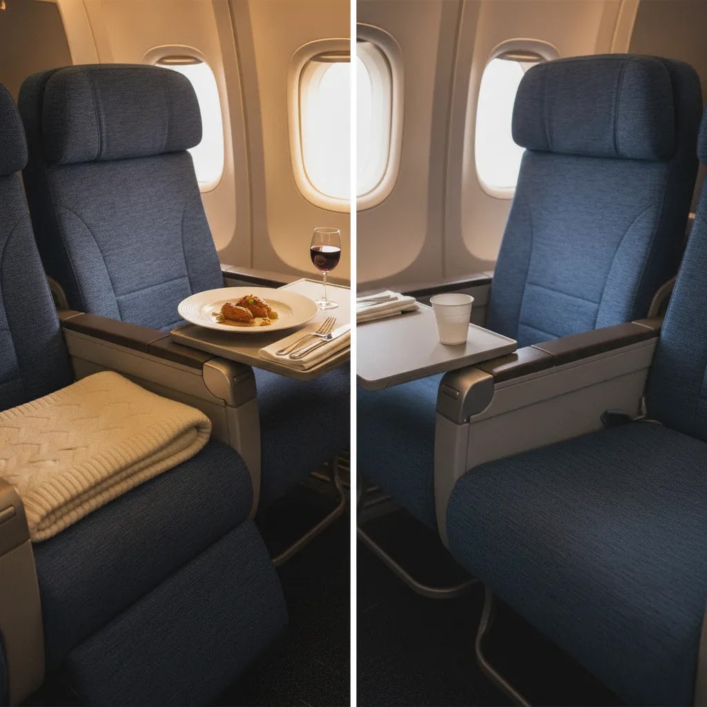 Korean Air premium economy review comparison image showing premium cabin detail versus standard economy tray and seat materials