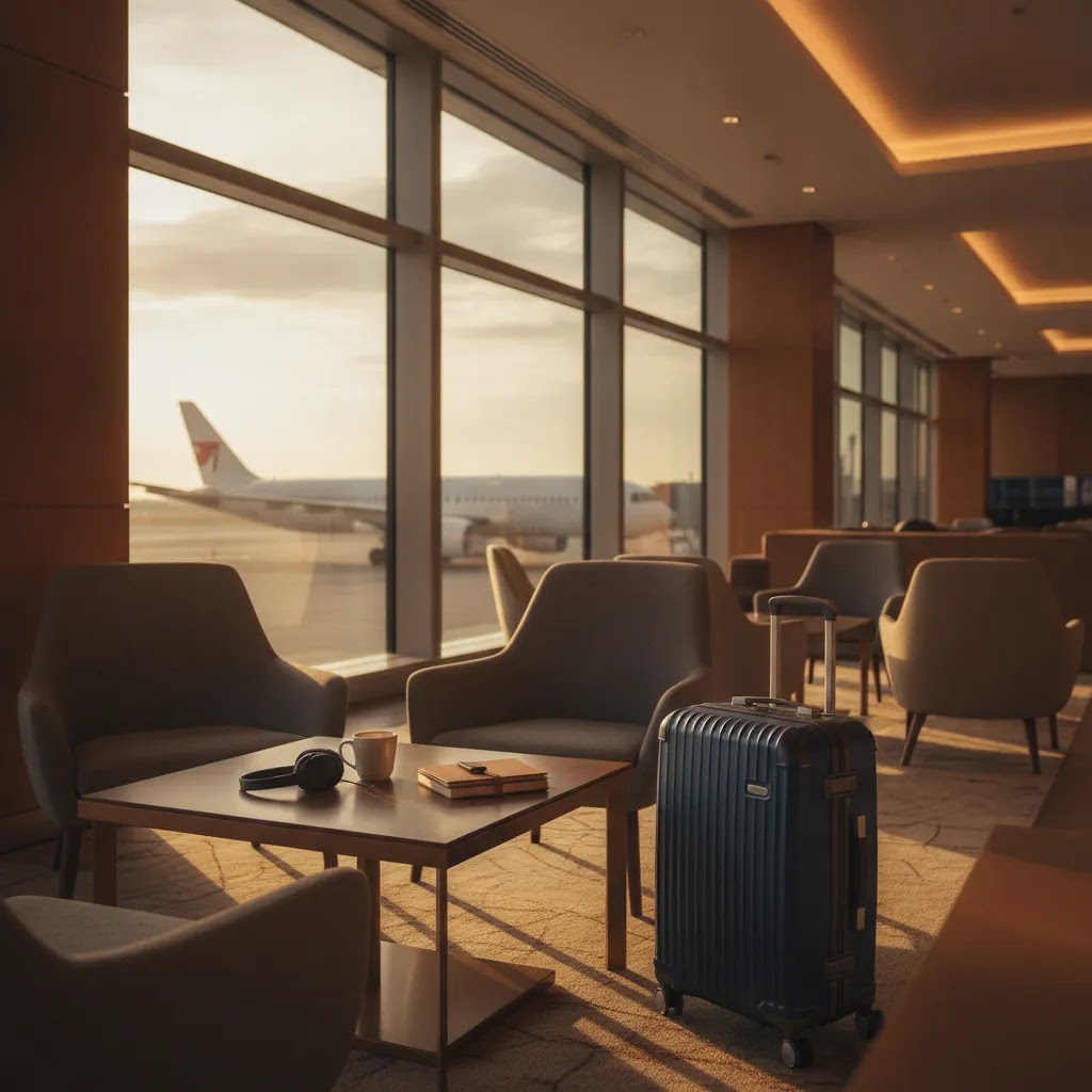 LATAM premium economy airport benefits image showing realistic lounge access and terminal comfort