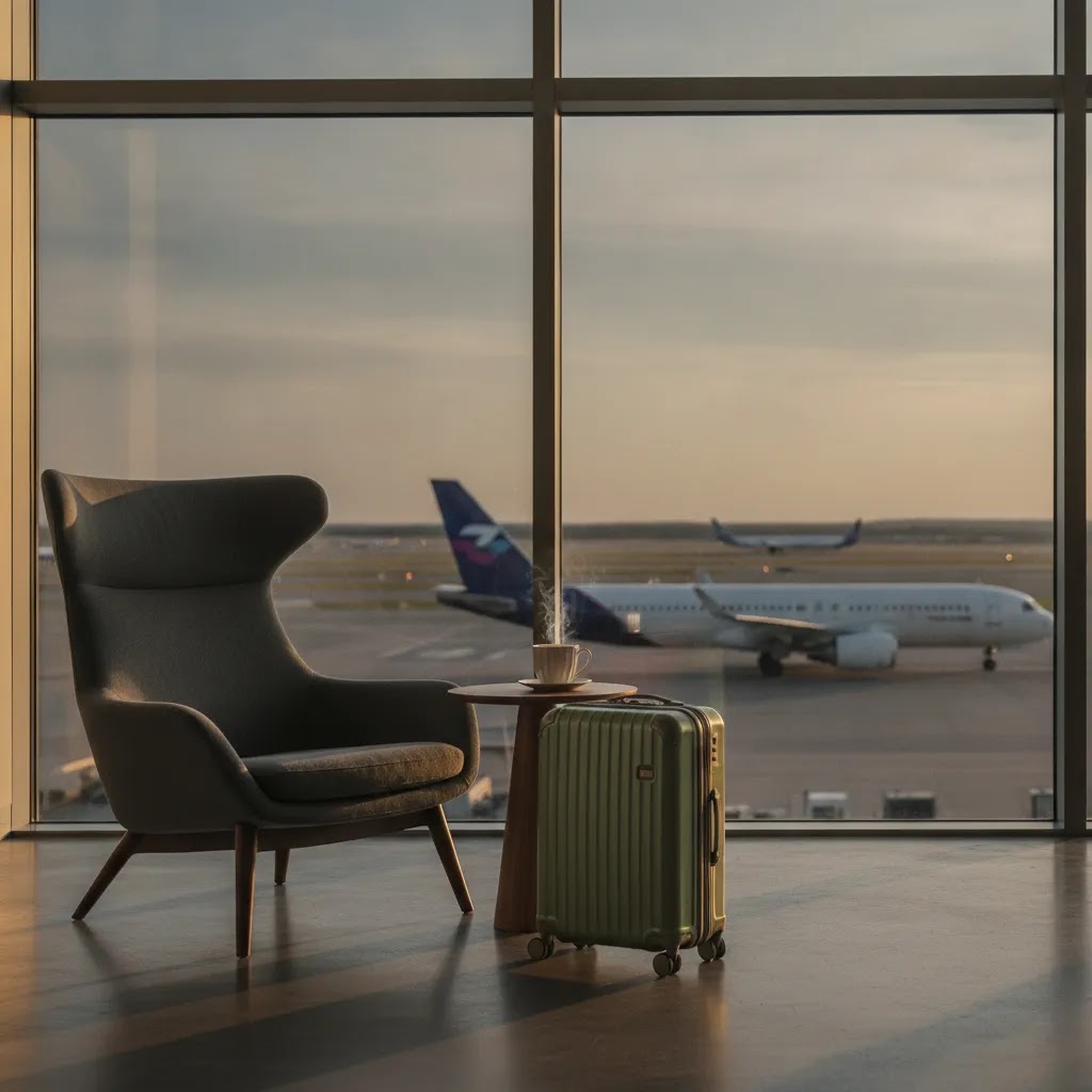 LATAM premium economy lounge access context in a premium airport waiting area with runway view