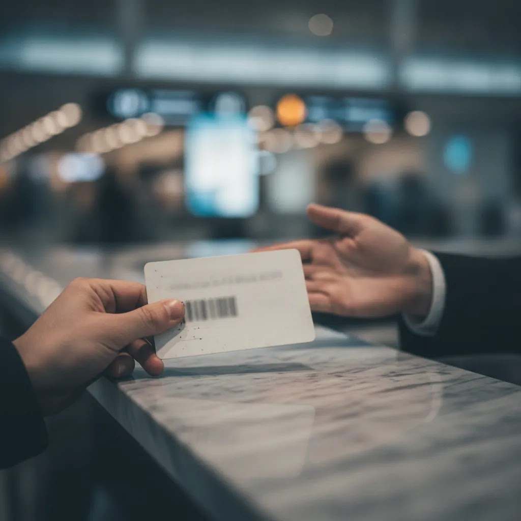 Lifetime first class ticket revoked concept at airport counter with generic travel document