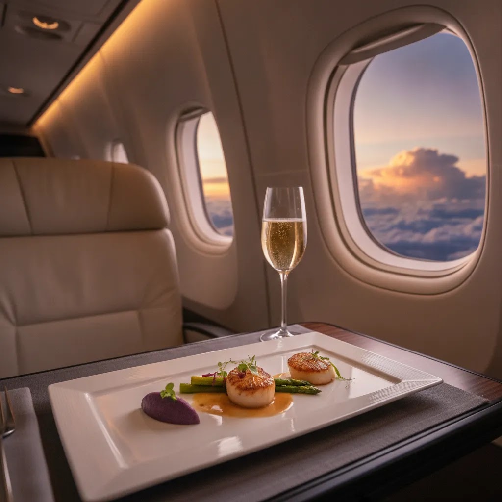 business class flights from chicago with premium long-haul meal service and window view