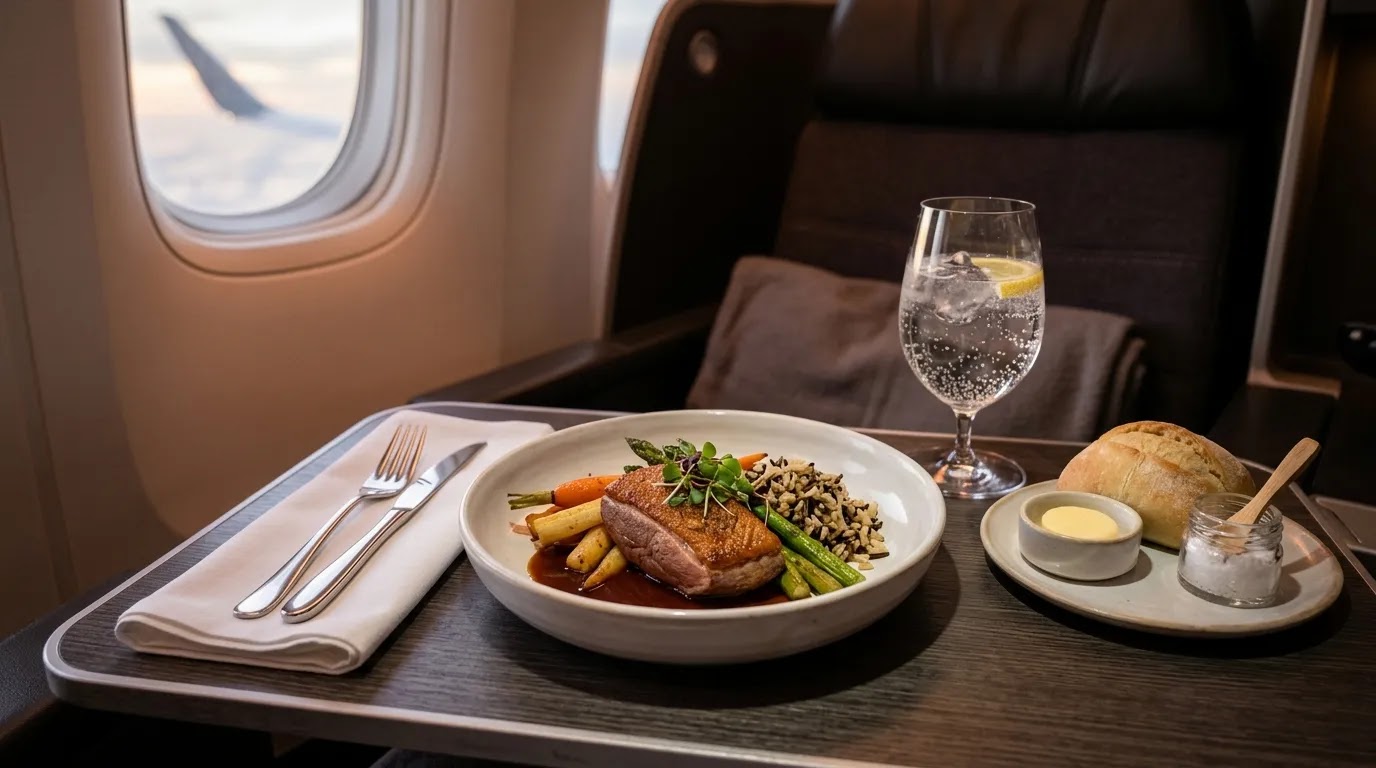 LOT business class dining presentation on a long-haul flight