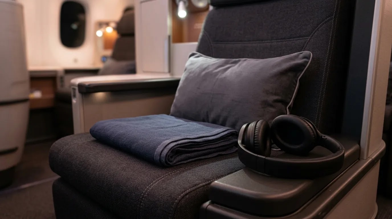 LOT business class seat comfort detail with premium bedding and headphones