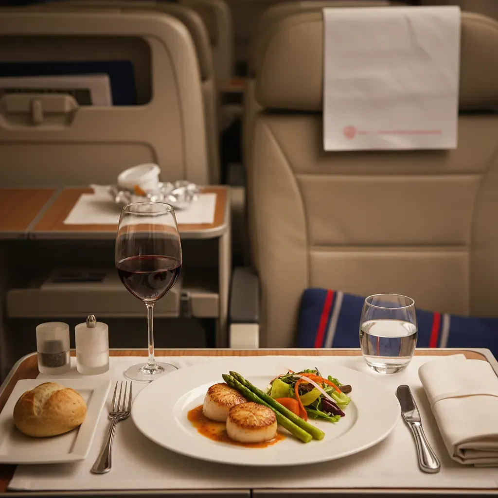 Lufthansa business class dining experience with premium meal service and elegant long-haul cabin table setting