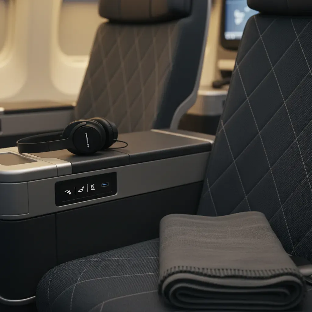 Lufthansa flight business class seat detail highlighting lie-flat comfort, storage, and premium cabin design