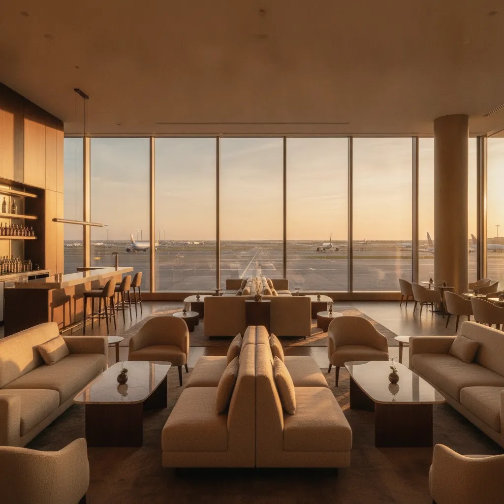 Luxury business class flight airport lounge with elegant seating and runway views
