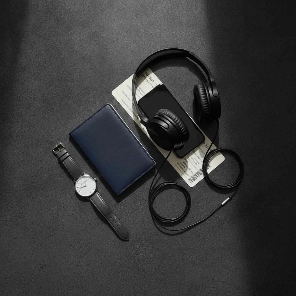 Luxury business class flight booking planning flat lay with travel essentials and premium accessories