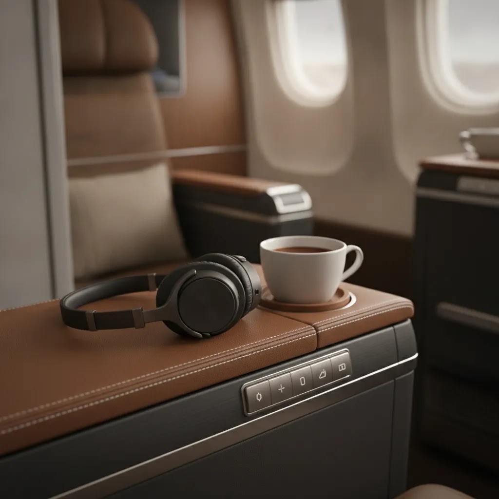 Luxury business class flight seat detail showing premium materials, headphones, and passenger comfort