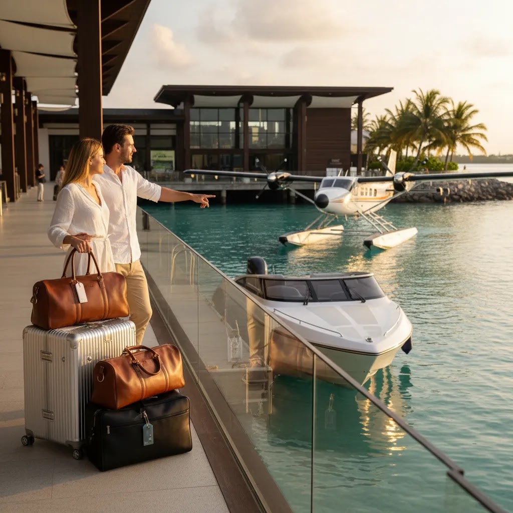 First class flights to Maldives arrival planning with Malé seaplane and speedboat transfers