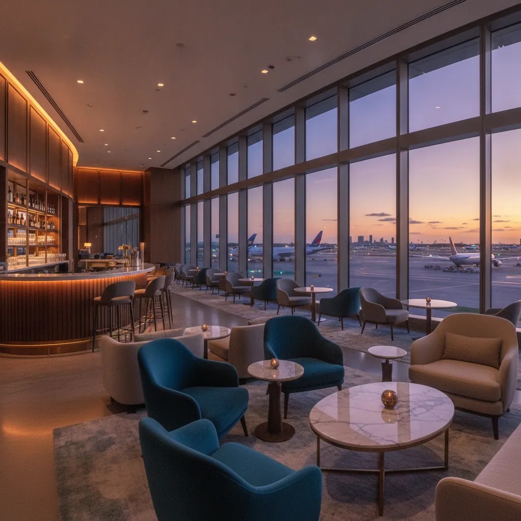 Business class flights from Miami lounge strategy illustrated by a premium airport lounge with runway views
