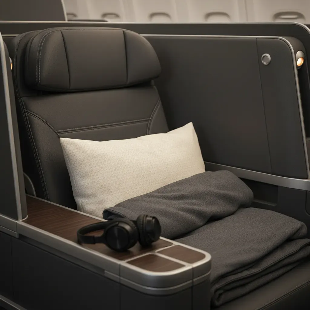 Modern business class cabin interior for a business class flight to Korea highlighting lie-flat seating and privacy