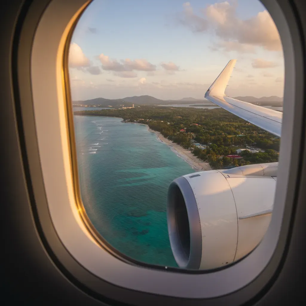 jamaica first class flights window view showing tropical coastline during arrival