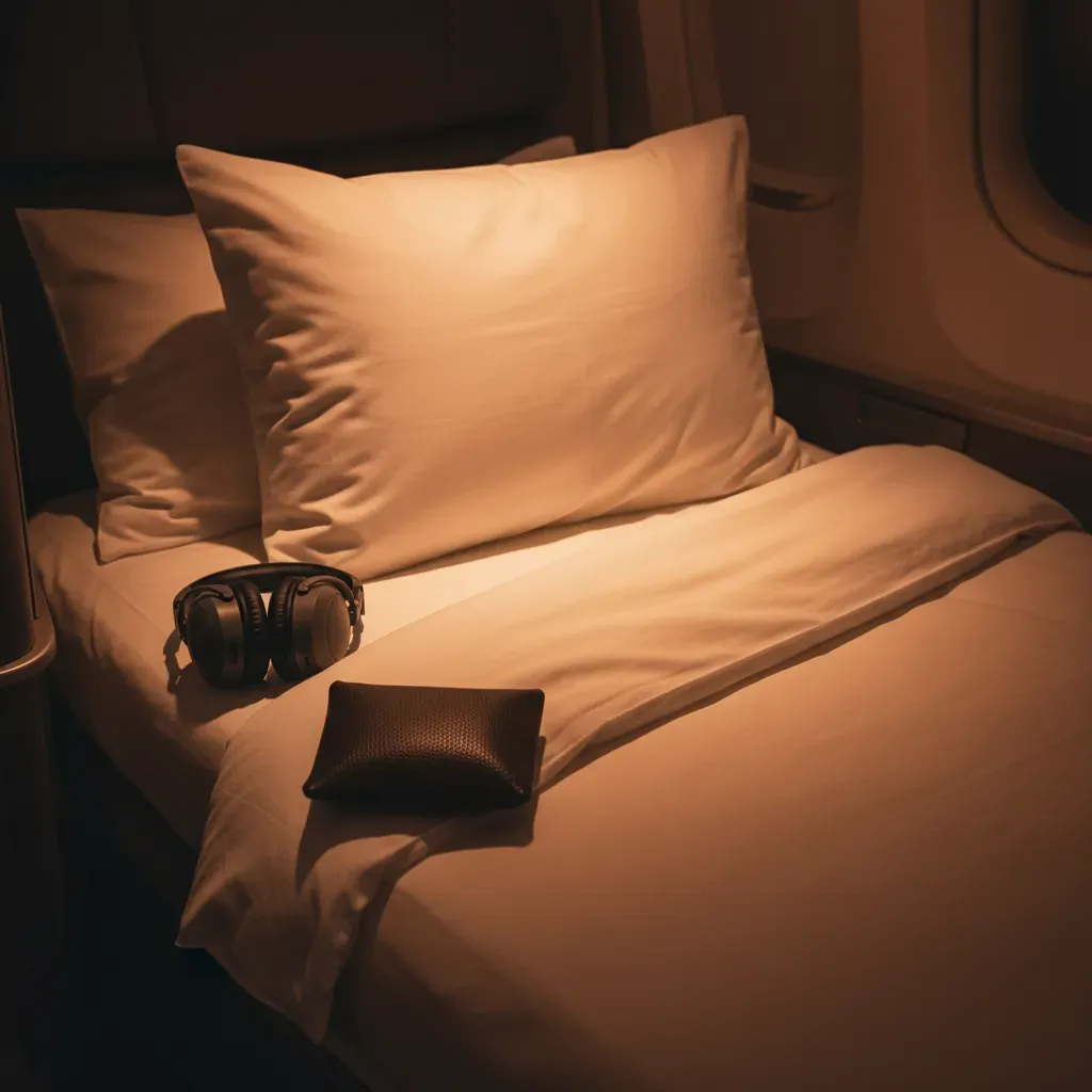 Onboard sleep setup for first class flights to New York on a long-haul overnight route