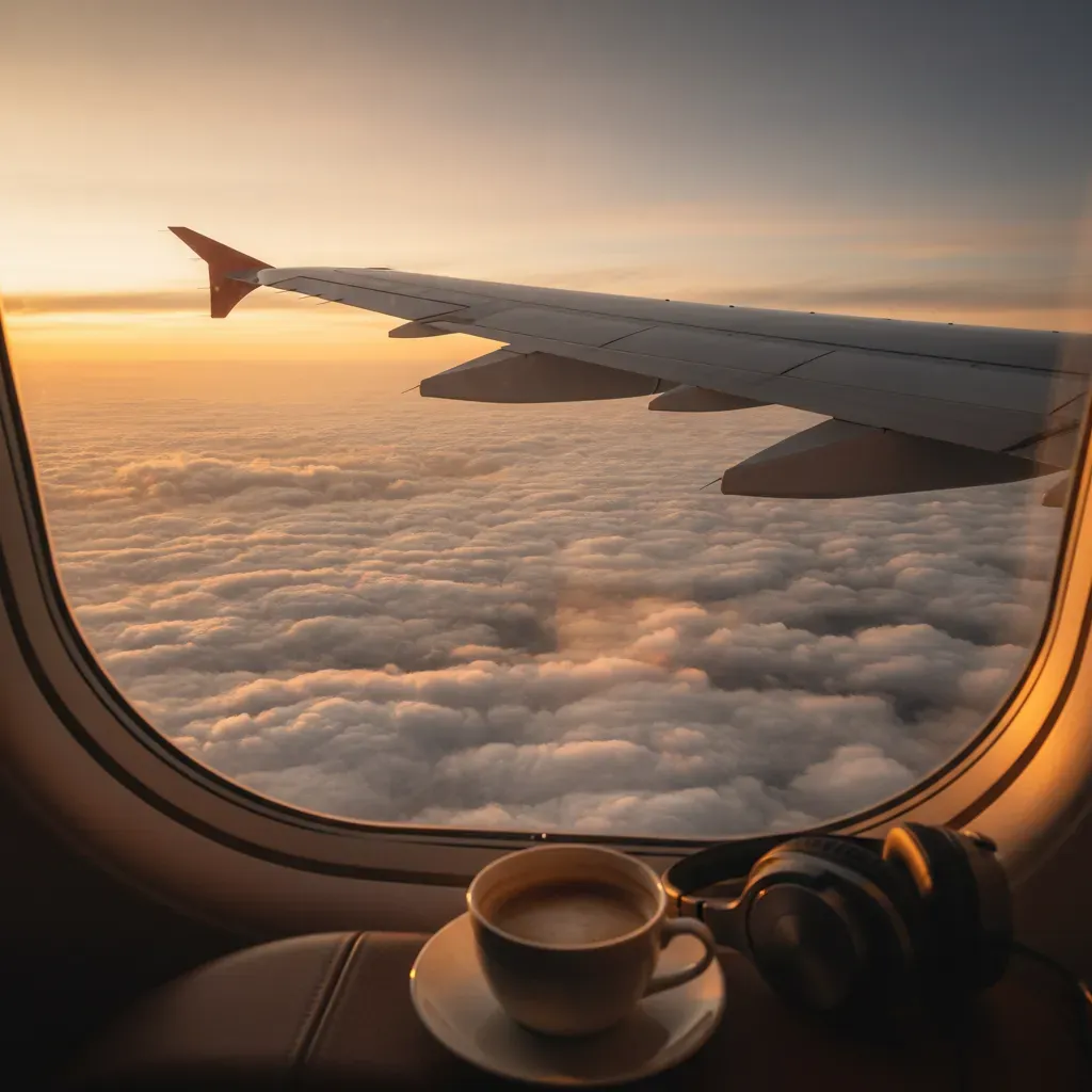 One way business class flights Europe to US social image with aircraft window view at sunset