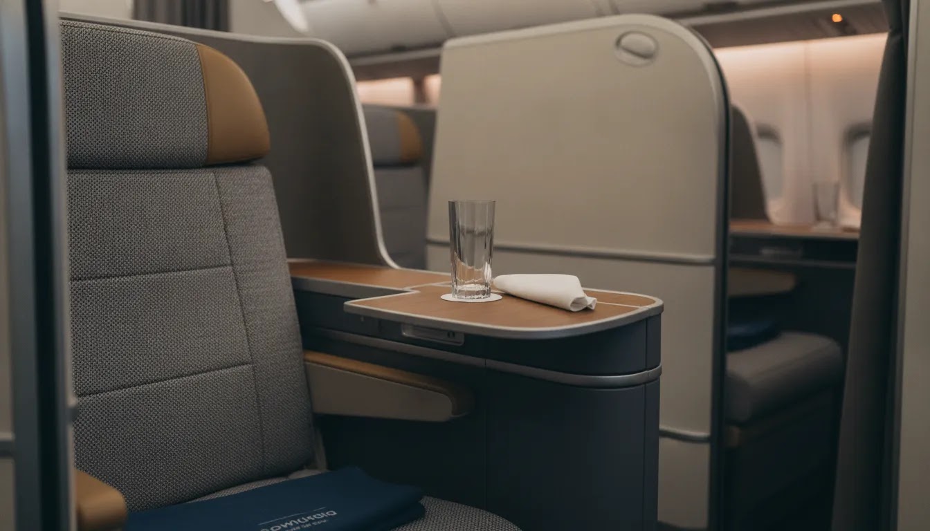 Comparison-style view of first class airplane seats evolving from open suites to more private pod designs