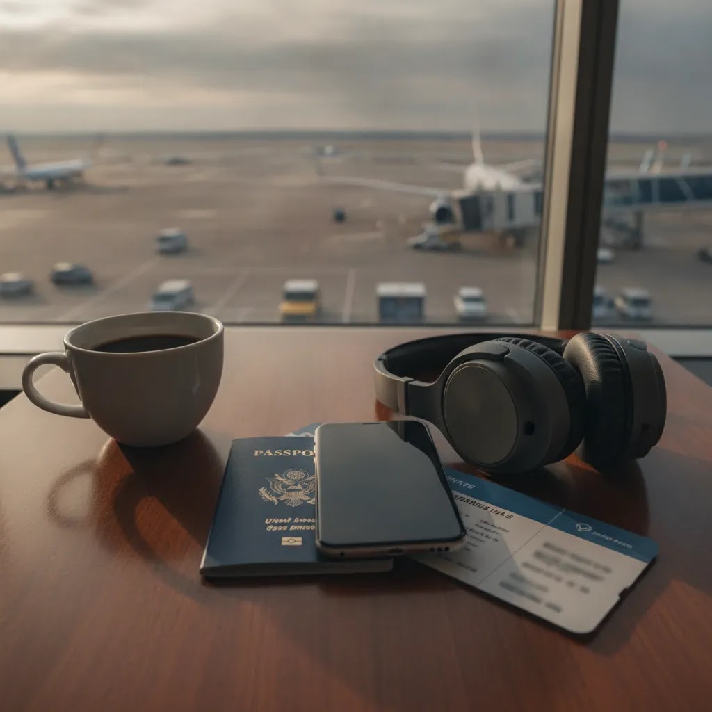 business class flights from chicago planning scene with lounge table travel essentials