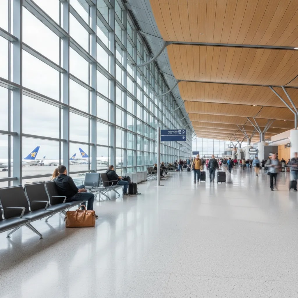 business class flights from chicago departing through a modern Chicago O'Hare international concourse