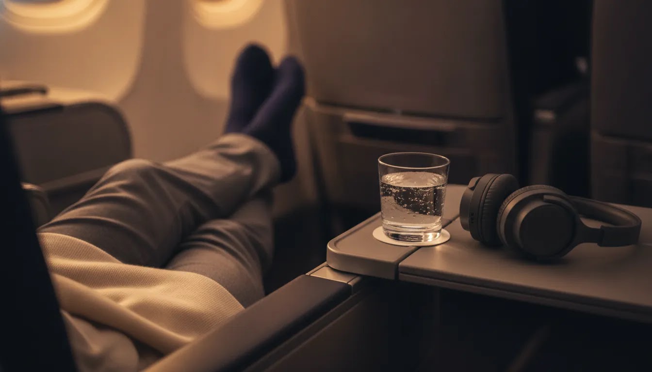 What to wear on overnight flight in business class illustrated through comfortable layered clothing and cabin-ready details
