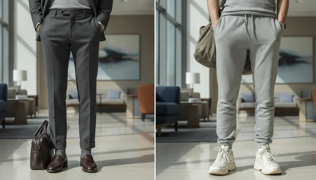 Overnight flight travel business class outfit comparison showing polished travelwear versus overly casual airport clothing